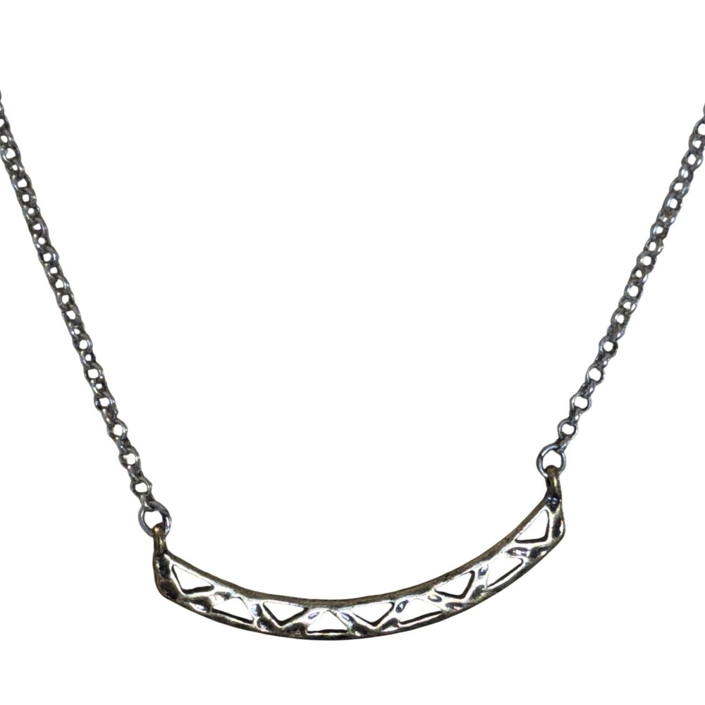 Silver Tone Geometric Cutout Curved Bar Pendant Necklace  Statement Layering